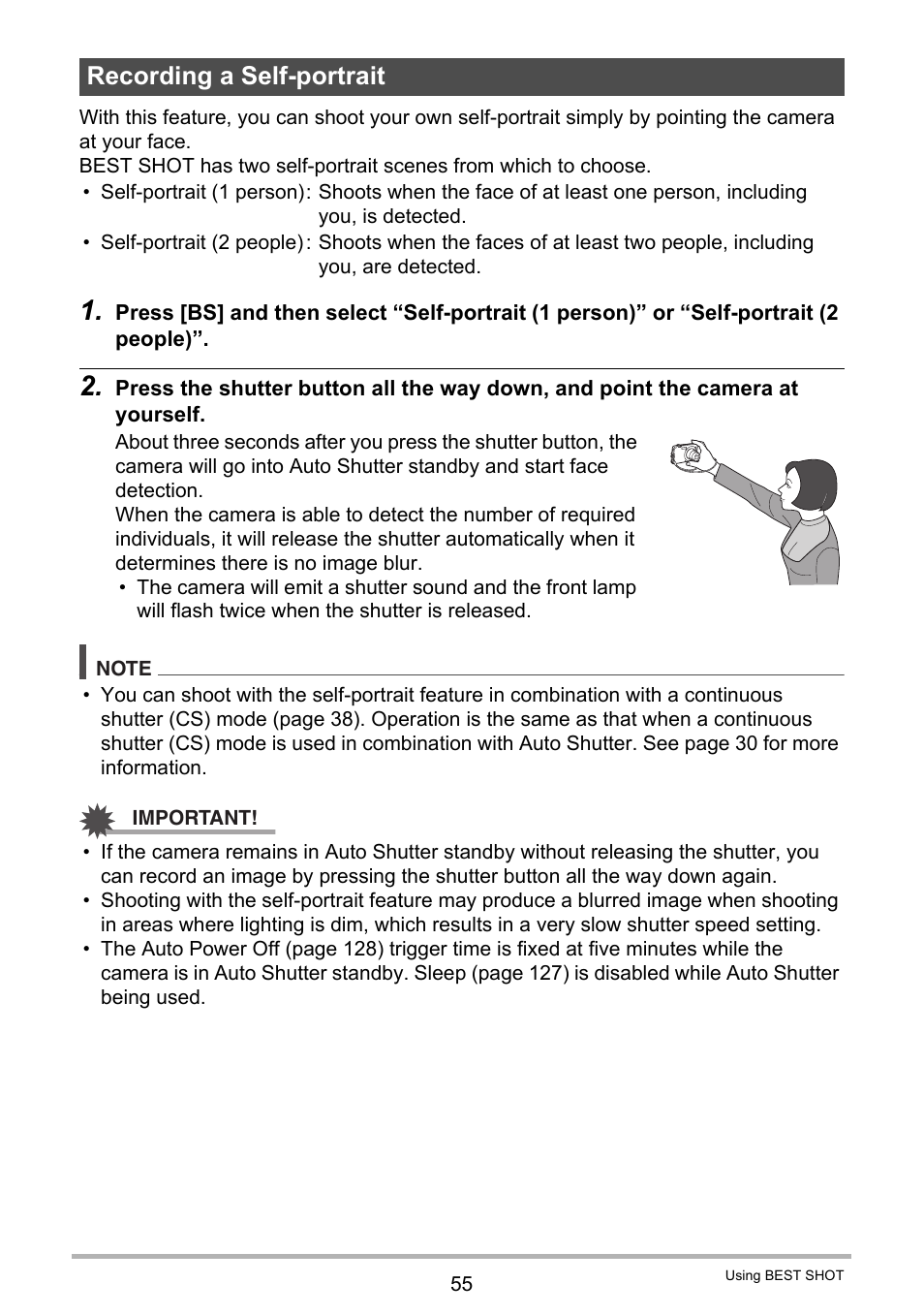 Recording a self-portrait | Casio exilim EX-Z80 User Manual | Page 55 / 165