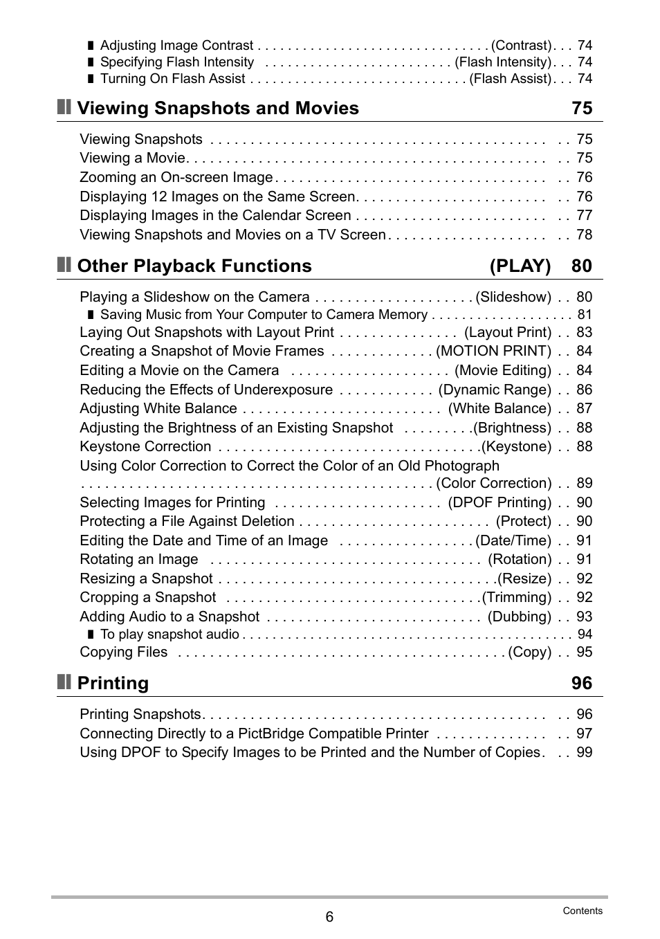 Viewing snapshots and movies 75, Other playback functions (play) 80, Printing 96 | Casio exilim EX-Z80 User Manual | Page 6 / 165