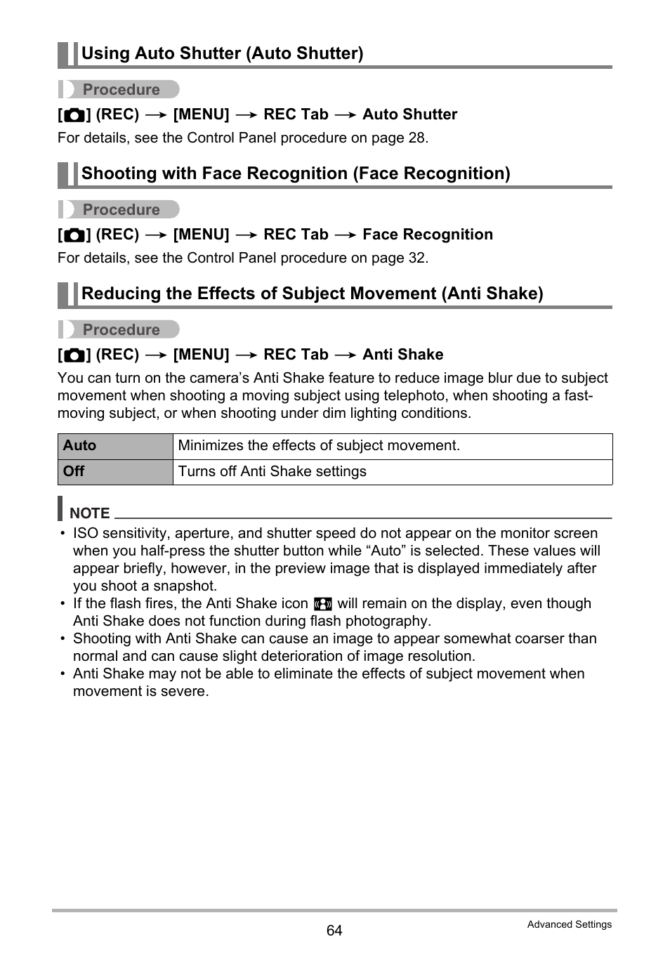 Using auto shutter (auto shutter), Shooting with face recognition (face recognition) | Casio exilim EX-Z80 User Manual | Page 64 / 165