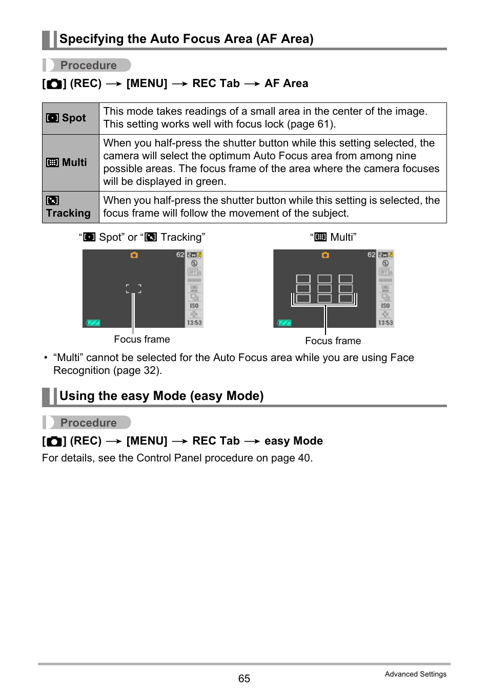 Specifying the auto focus area (af area), Using the easy mode (easy mode) | Casio exilim EX-Z80 User Manual | Page 65 / 165