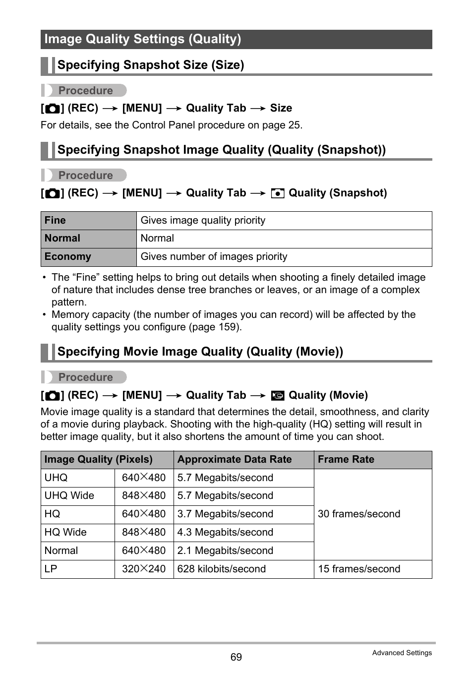 Image quality settings (quality), Specifying snapshot size (size), Specifying movie image quality (quality (movie)) | Casio exilim EX-Z80 User Manual | Page 69 / 165