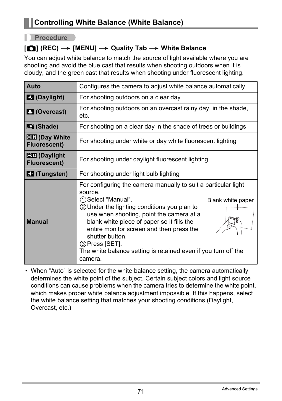 Controlling white balance (white balance) | Casio exilim EX-Z80 User Manual | Page 71 / 165