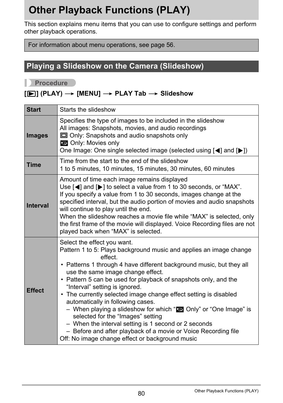 Other playback functions (play), Playing a slideshow on the camera (slideshow), Other playback functions | Play) 80 | Casio exilim EX-Z80 User Manual | Page 80 / 165