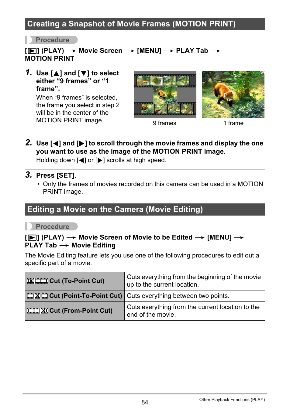 Creating a snapshot of movie frames (motion print), Editing a movie on the camera (movie editing) | Casio exilim EX-Z80 User Manual | Page 84 / 165