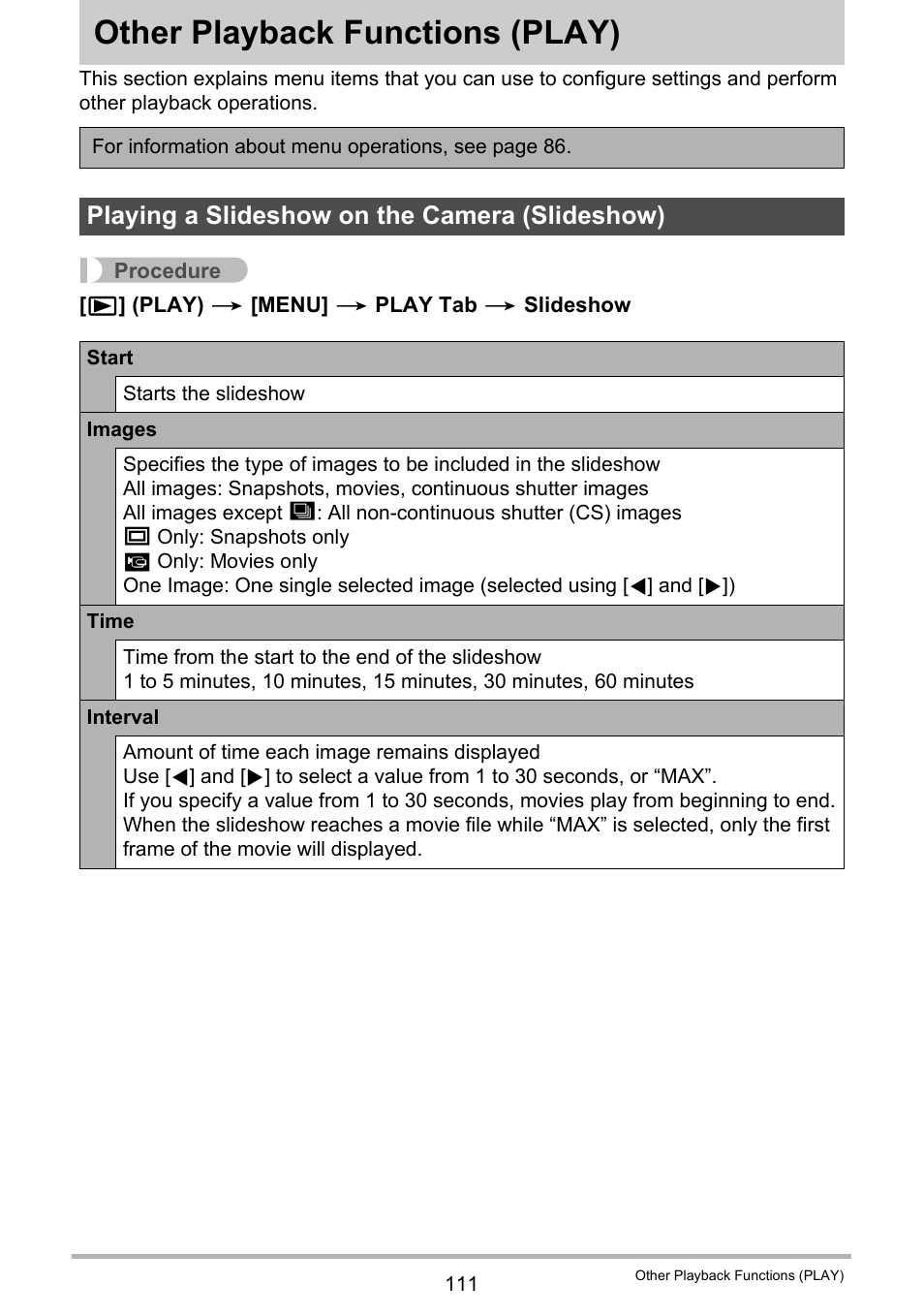 Other playback functions (play), Playing a slideshow on the camera (slideshow), Other playback functions | Play) 111 | Casio EXILIM EX-FC150 User Manual | Page 111 / 193