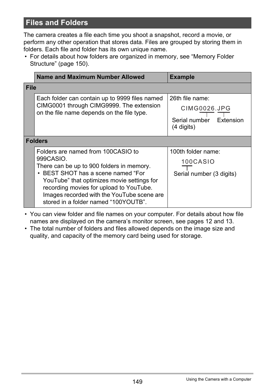 Files and folders | Casio EXILIM EX-FC150 User Manual | Page 149 / 193