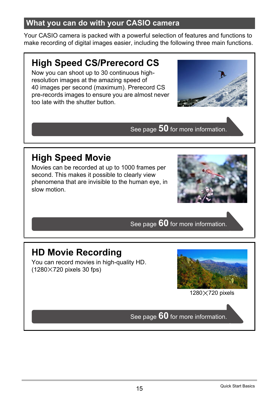 What you can do with your casio camera, High speed cs/prerecord cs, High speed movie | Hd movie recording | Casio EXILIM EX-FC150 User Manual | Page 15 / 193