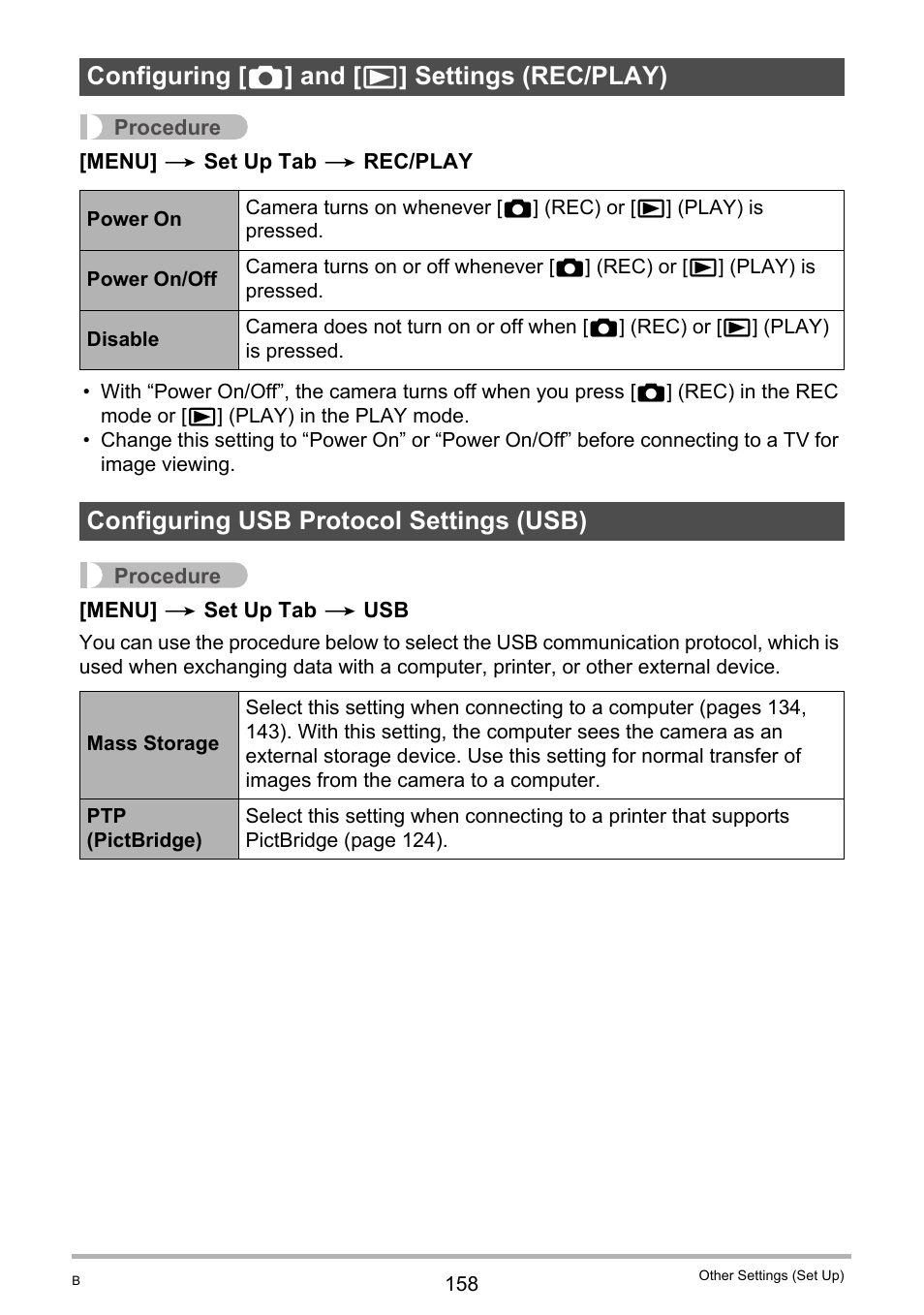 Configuring [_] and [>] settings (rec/play), Configuring usb protocol settings (usb), Configuring [ r ] and [ p ] settings (rec/play) | Casio EXILIM EX-FC150 User Manual | Page 158 / 193