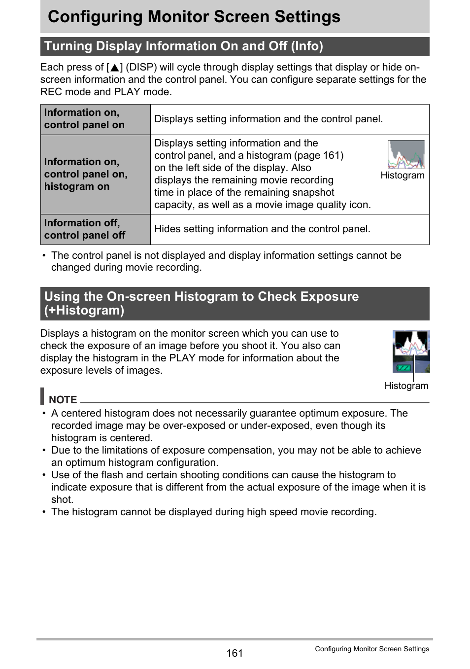 Configuring monitor screen settings, Turning display information on and off (info) | Casio EXILIM EX-FC150 User Manual | Page 161 / 193