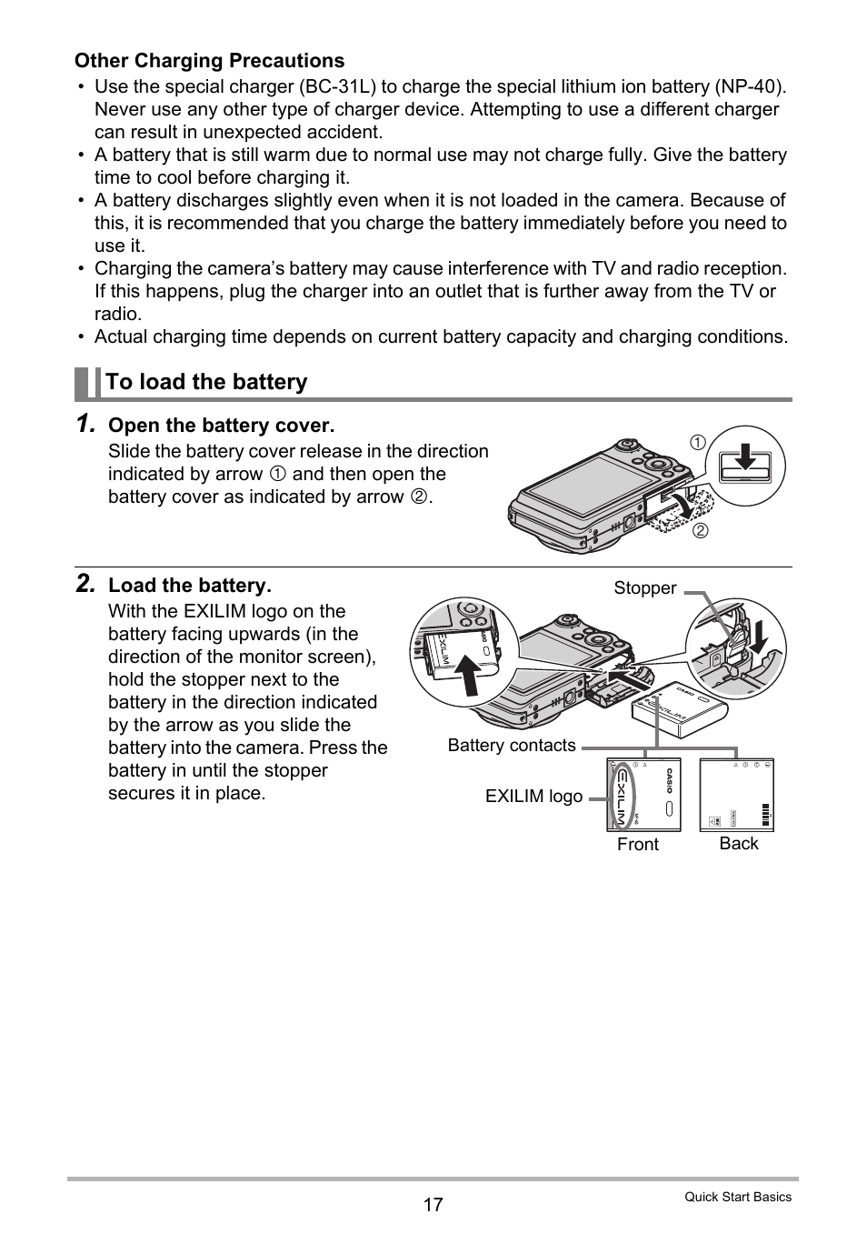 To load the battery | Casio EXILIM EX-FC150 User Manual | Page 17 / 193