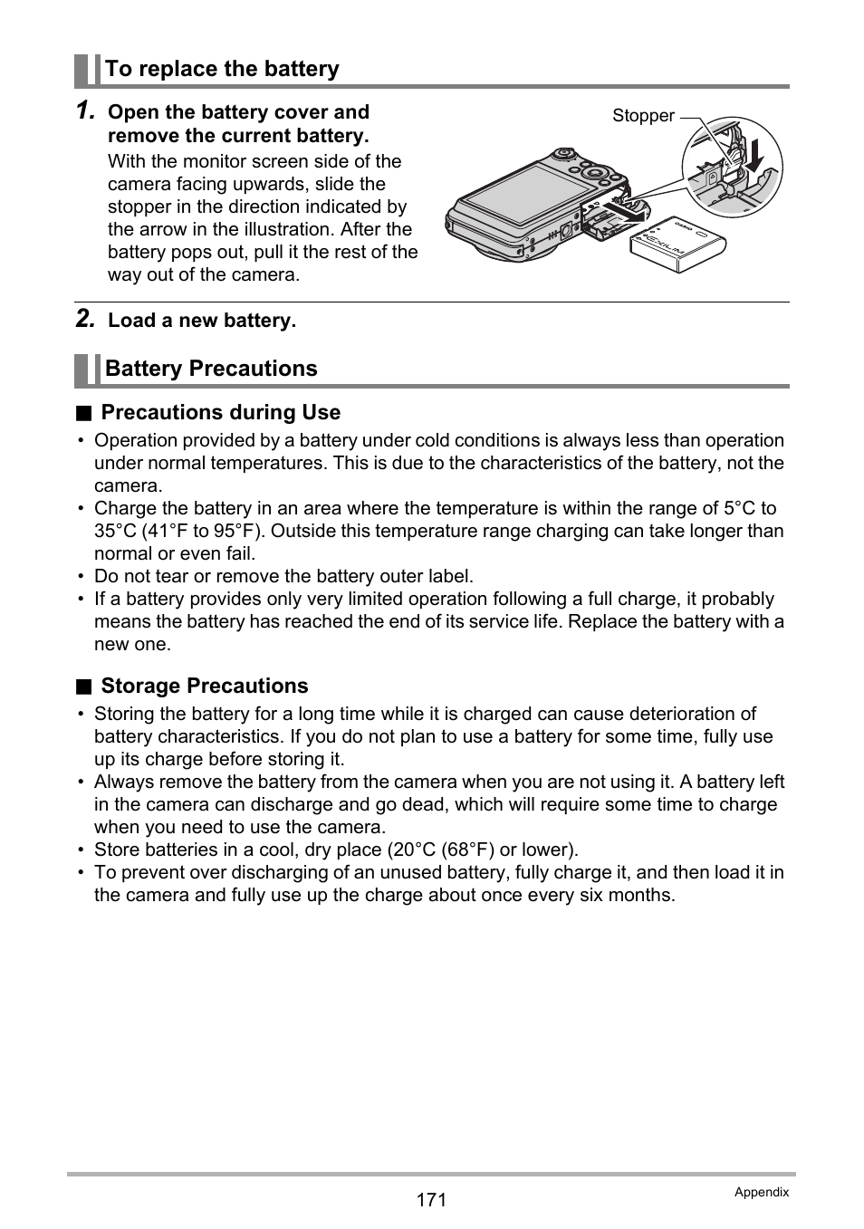 To replace the battery, Battery precautions, E 171 | Casio EXILIM EX-FC150 User Manual | Page 171 / 193