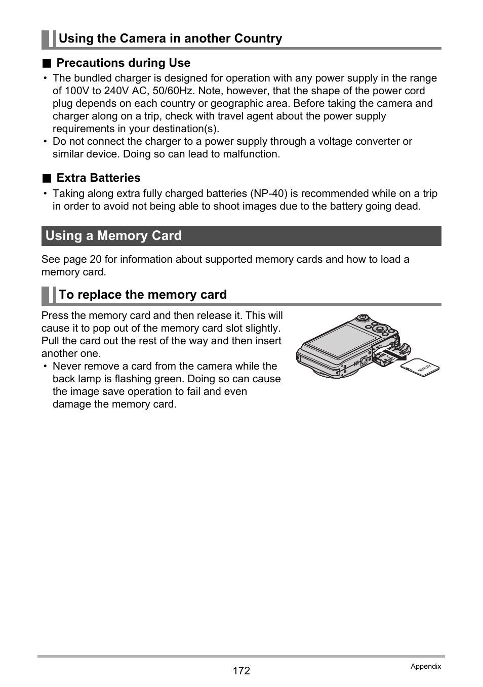 Using the camera in another country, Using a memory card, To replace the memory card | Casio EXILIM EX-FC150 User Manual | Page 172 / 193