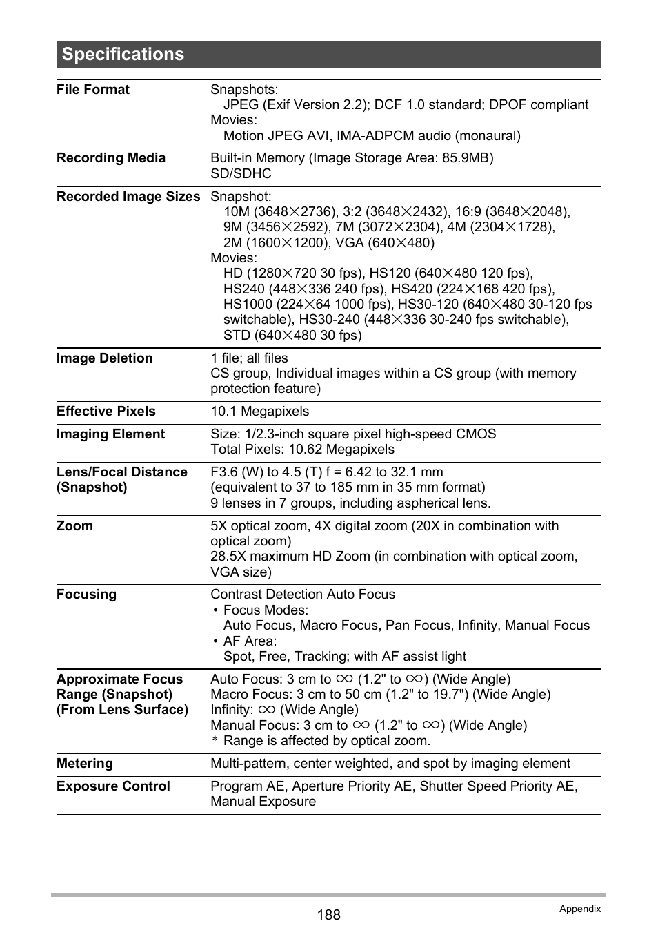 Specifications | Casio EXILIM EX-FC150 User Manual | Page 188 / 193