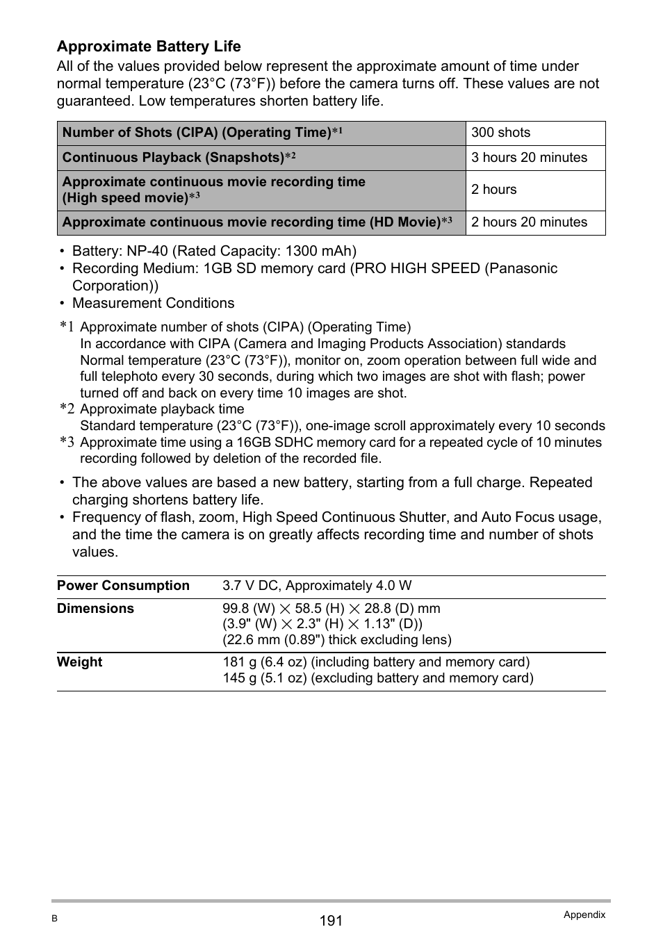 Ge 191 for, Approximate battery life | Casio EXILIM EX-FC150 User Manual | Page 191 / 193
