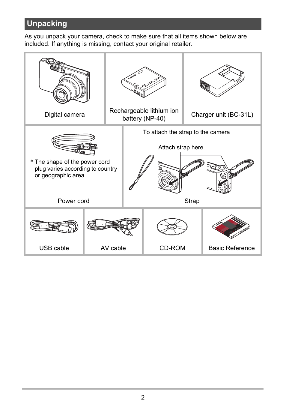 Unpacking | Casio EXILIM EX-FC150 User Manual | Page 2 / 193