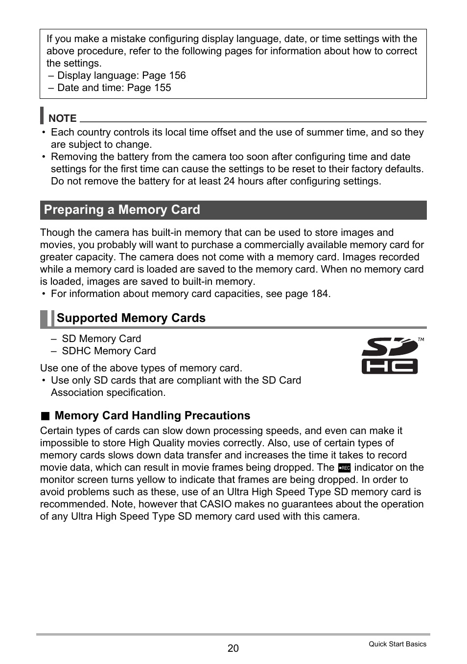 Preparing a memory card, Supported memory cards | Casio EXILIM EX-FC150 User Manual | Page 20 / 193