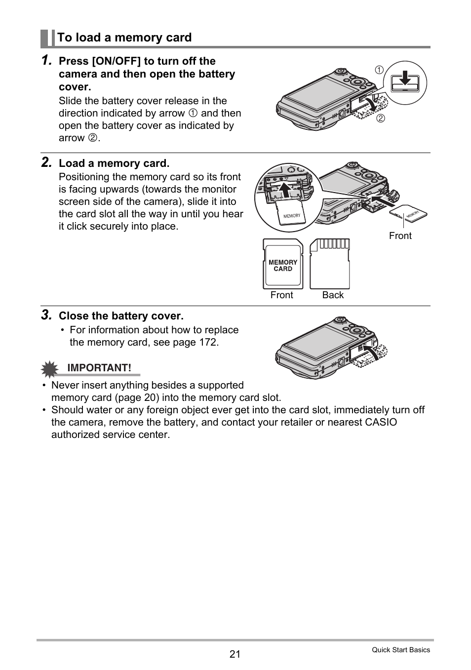 To load a memory card | Casio EXILIM EX-FC150 User Manual | Page 21 / 193