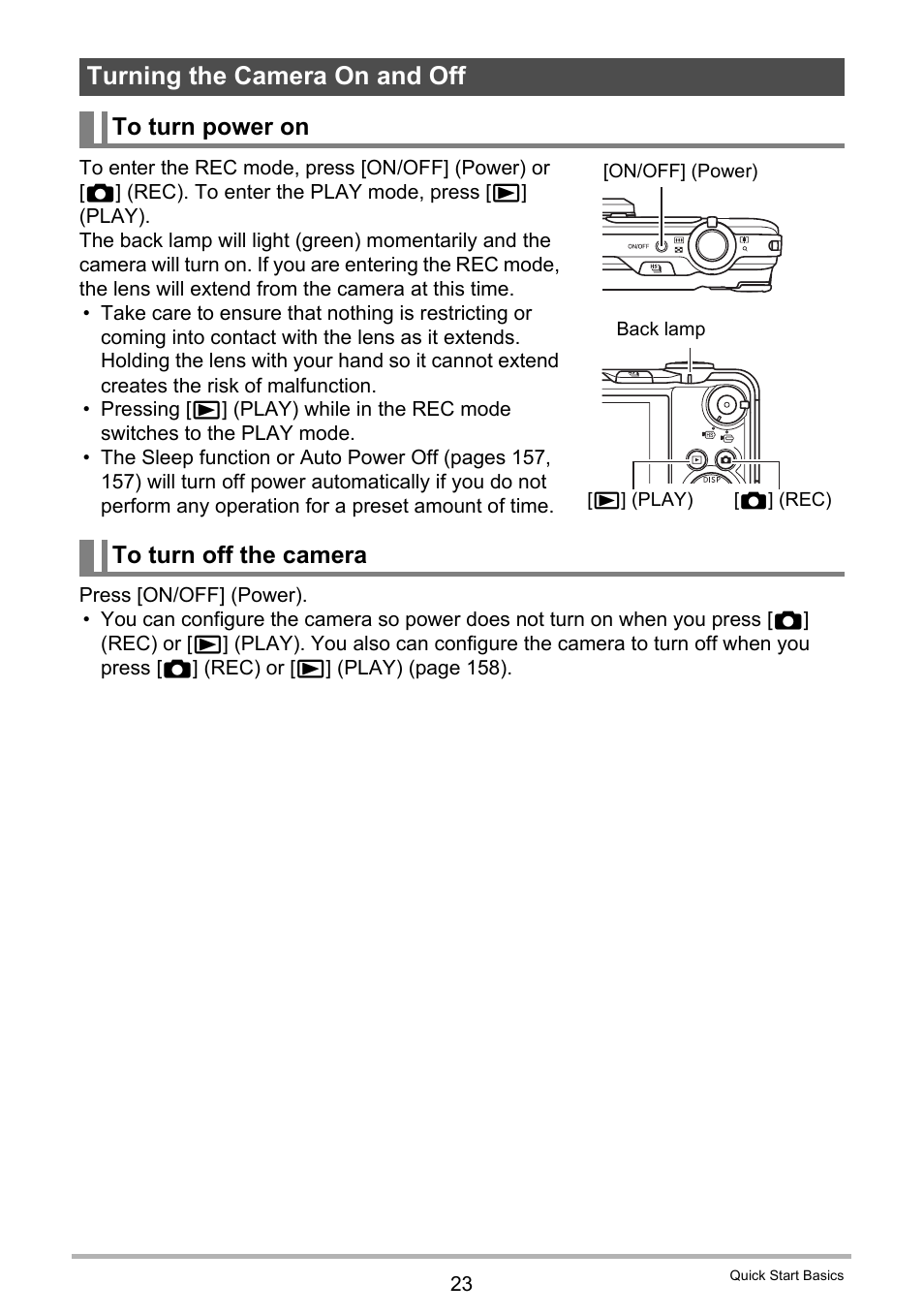 Turning the camera on and off, To turn power on, To turn off the camera | Casio EXILIM EX-FC150 User Manual | Page 23 / 193