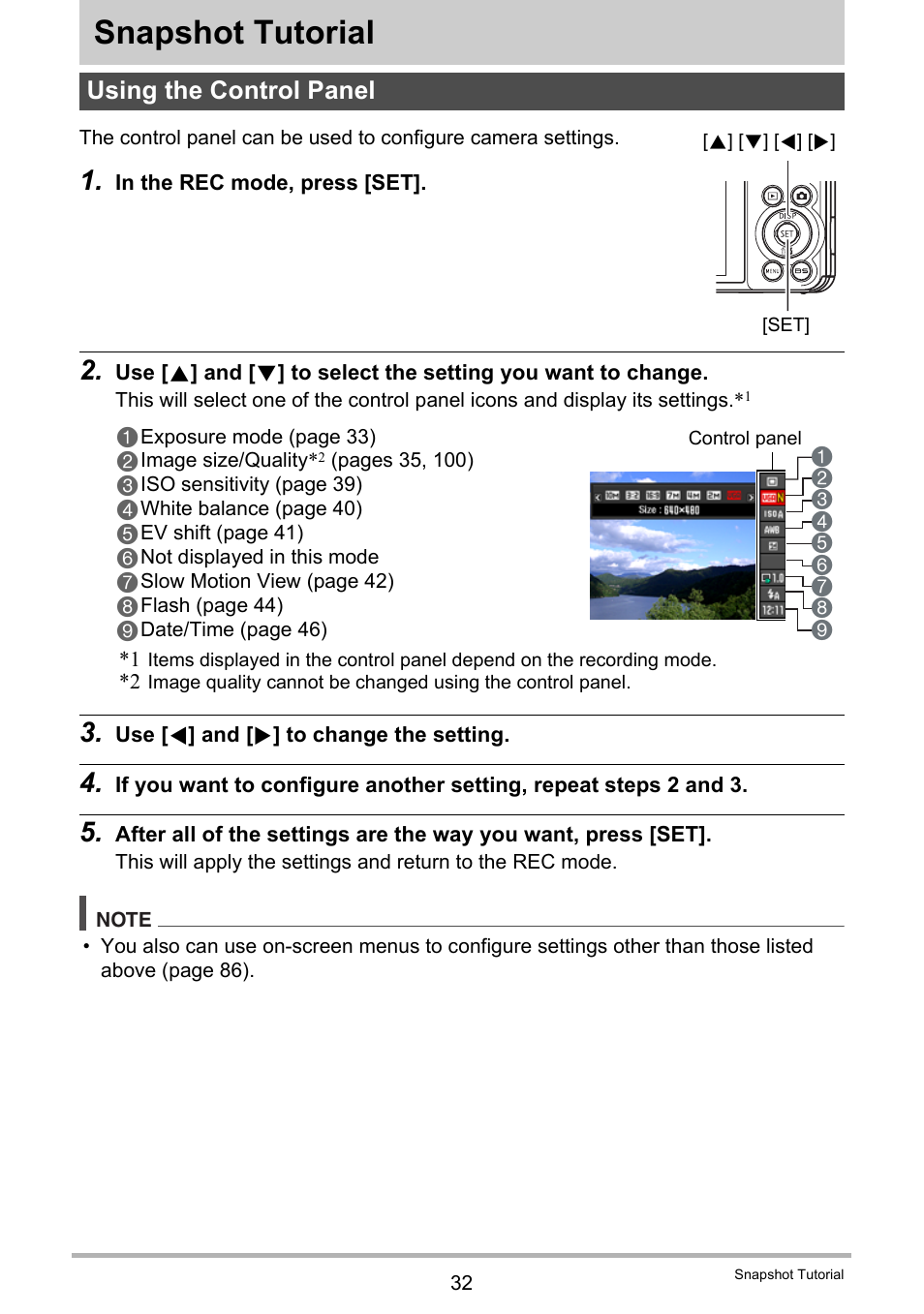 Snapshot tutorial, Using the control panel | Casio EXILIM EX-FC150 User Manual | Page 32 / 193