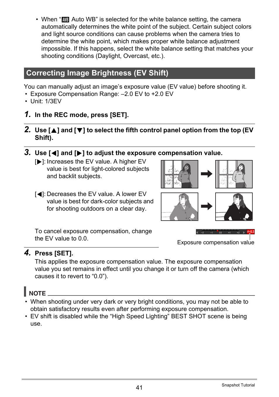 Correcting image brightness (ev shift) | Casio EXILIM EX-FC150 User Manual | Page 41 / 193