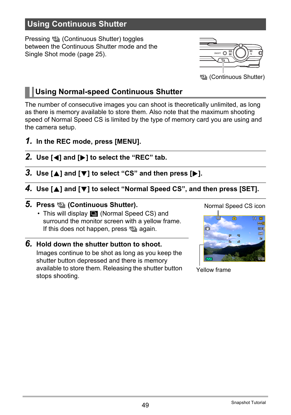 Using continuous shutter, Using normal-speed continuous shutter | Casio EXILIM EX-FC150 User Manual | Page 49 / 193