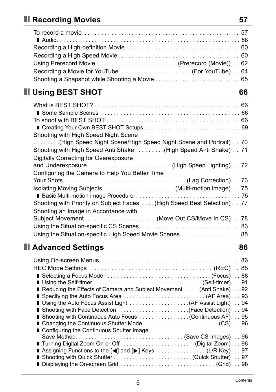 Recording movies 57, Using best shot 66, Advanced settings 86 | Casio EXILIM EX-FC150 User Manual | Page 5 / 193