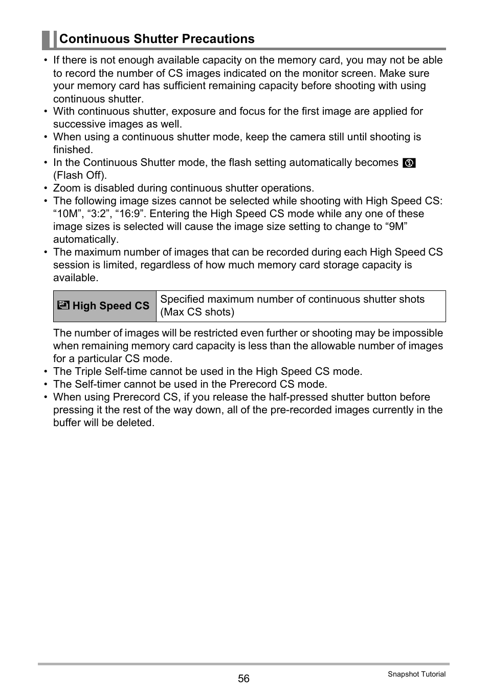 Continuous shutter precautions | Casio EXILIM EX-FC150 User Manual | Page 56 / 193