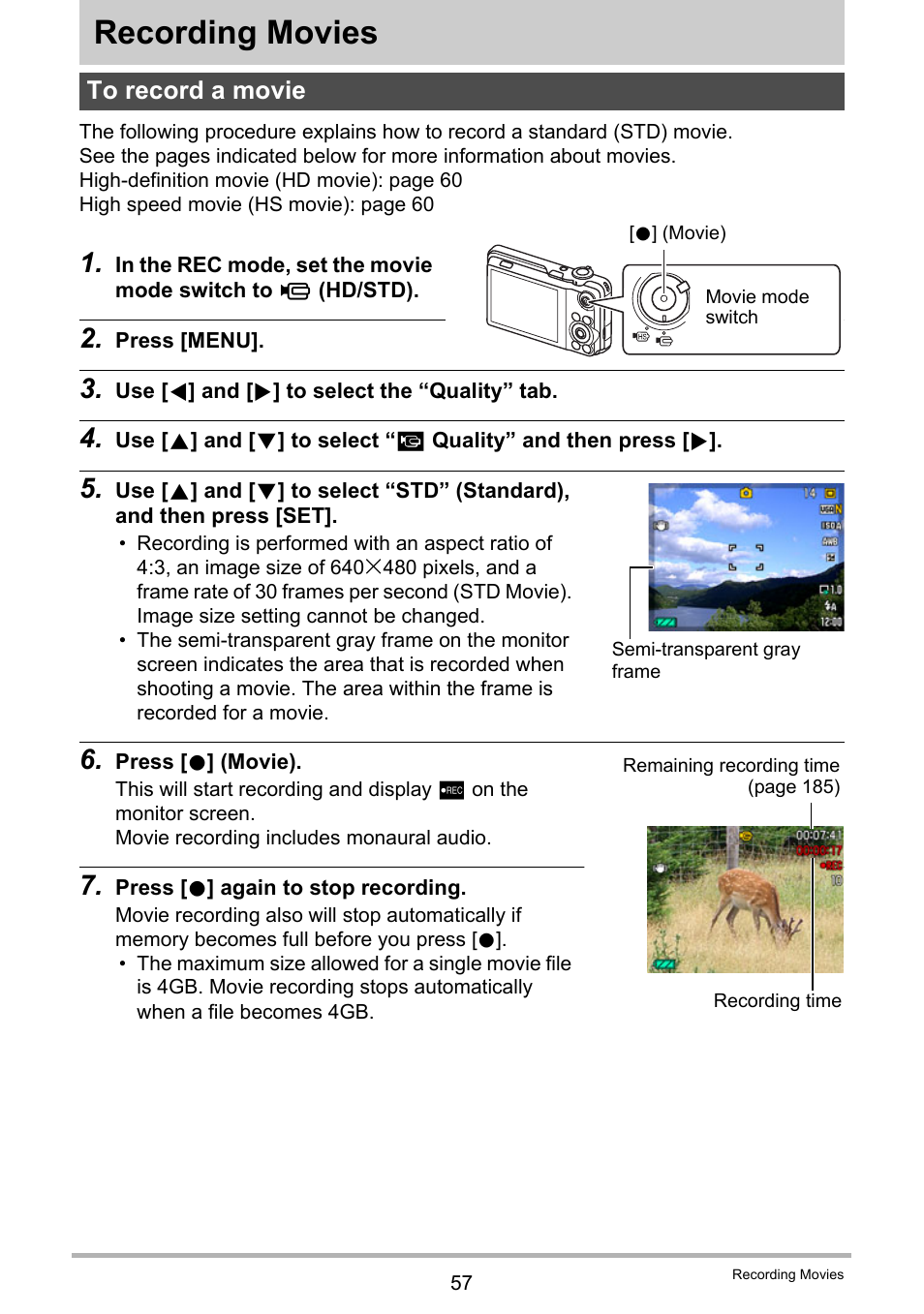 Recording movies, To record a movie | Casio EXILIM EX-FC150 User Manual | Page 57 / 193