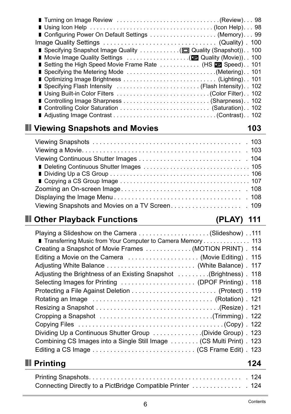 Viewing snapshots and movies 103, Other playback functions (play) 111, Printing 124 | Casio EXILIM EX-FC150 User Manual | Page 6 / 193