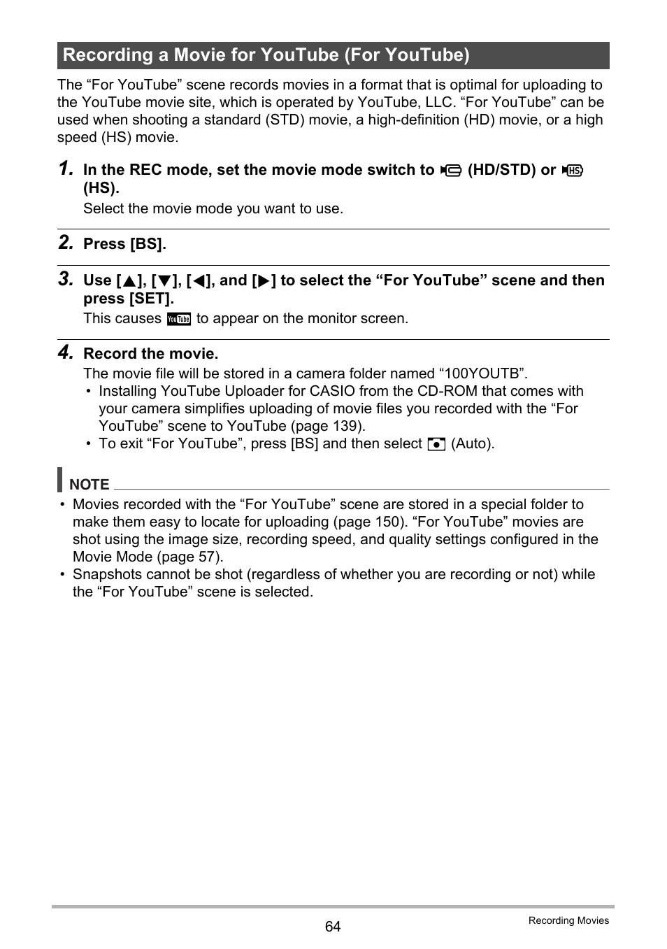 Recording a movie for youtube (for youtube) | Casio EXILIM EX-FC150 User Manual | Page 64 / 193