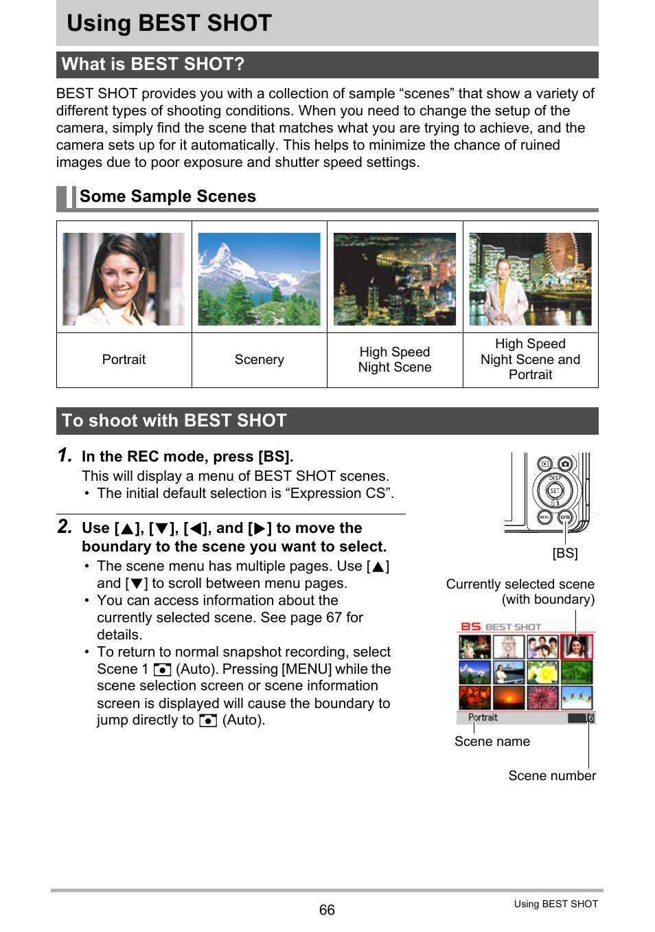 Using best shot, What is best shot, Some sample scenes | To shoot with best shot | Casio EXILIM EX-FC150 User Manual | Page 66 / 193
