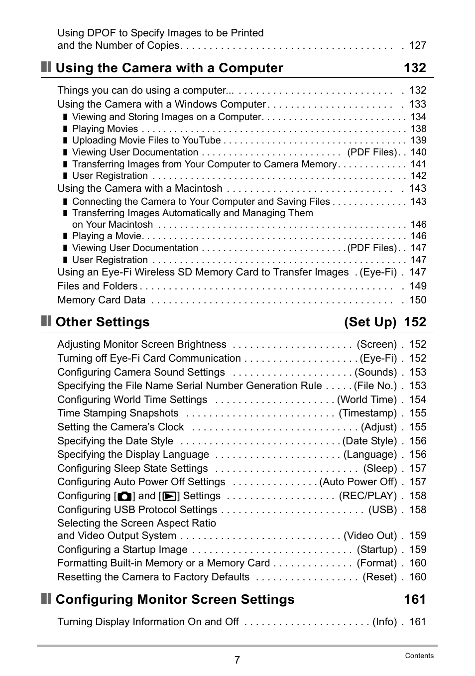 Using the camera with a computer 132, Other settings (set up) 152, Configuring monitor screen settings 161 | Casio EXILIM EX-FC150 User Manual | Page 7 / 193