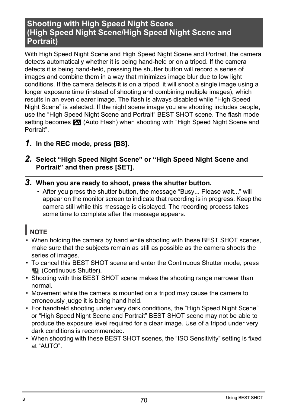 Shooting with high speed night scene | Casio EXILIM EX-FC150 User Manual | Page 70 / 193