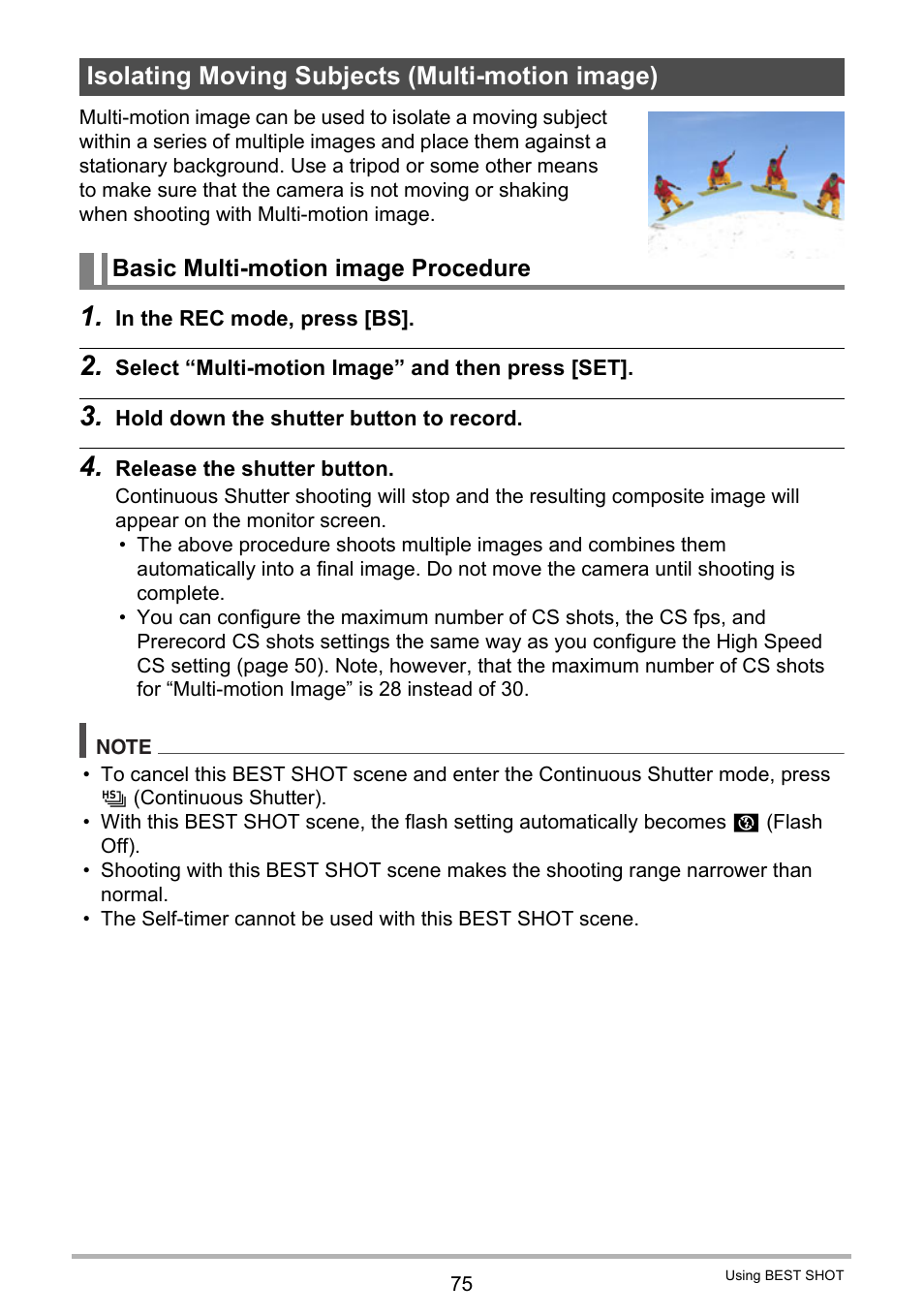 Isolating moving subjects (multi-motion image), Basic multi-motion image procedure | Casio EXILIM EX-FC150 User Manual | Page 75 / 193