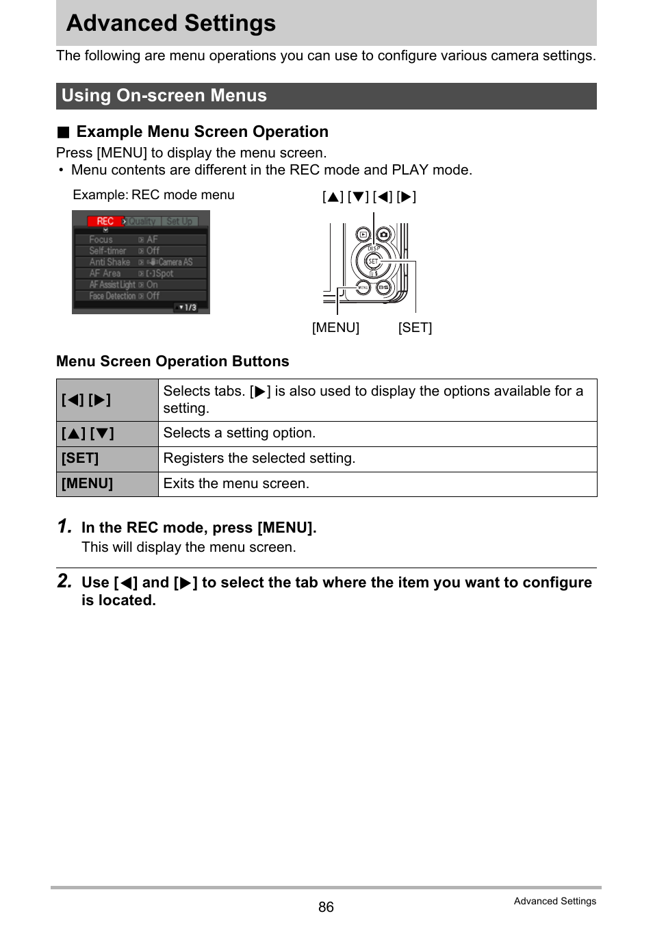 Advanced settings, Using on-screen menus | Casio EXILIM EX-FC150 User Manual | Page 86 / 193