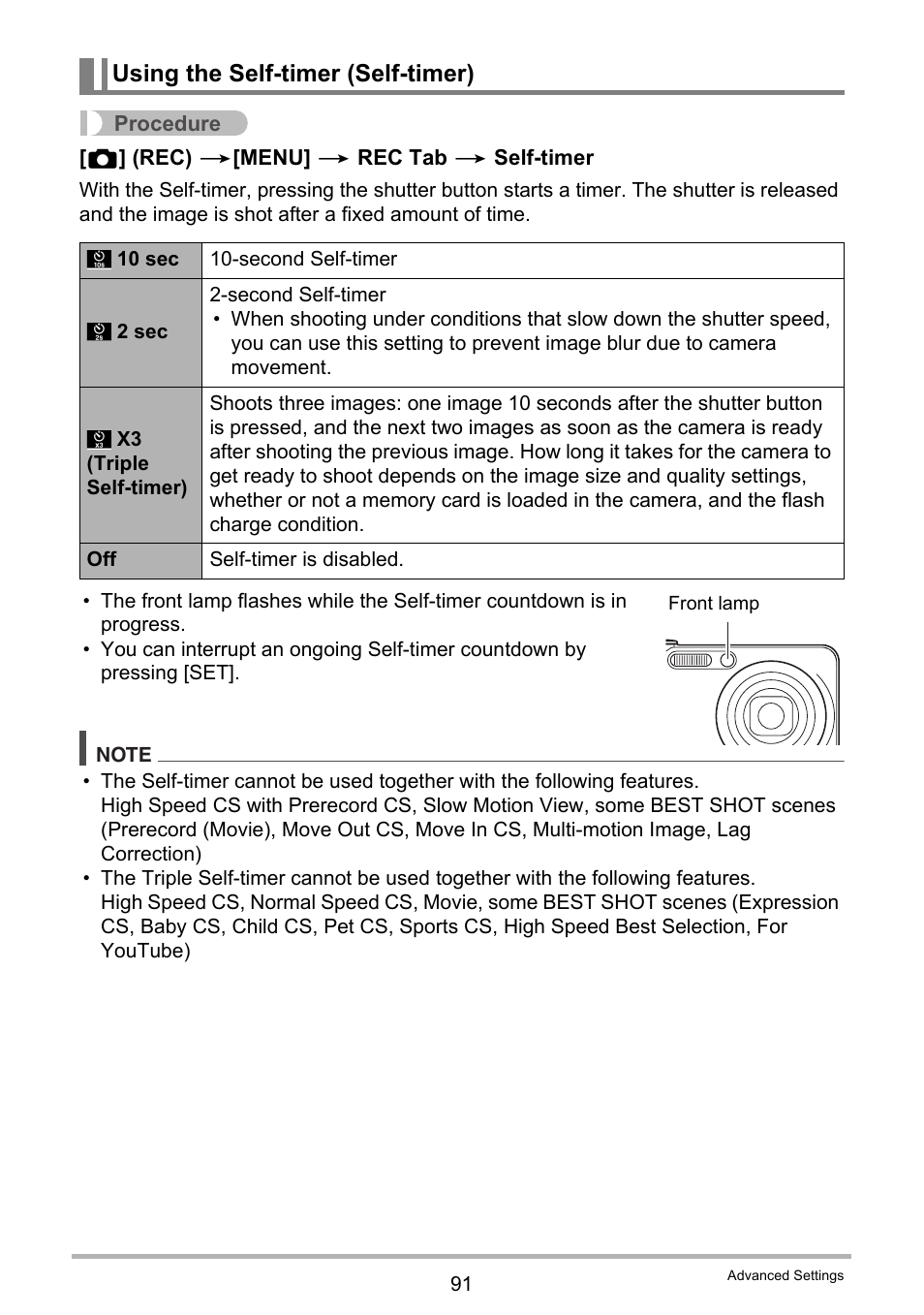 Using the self-timer (self-timer) | Casio EXILIM EX-FC150 User Manual | Page 91 / 193