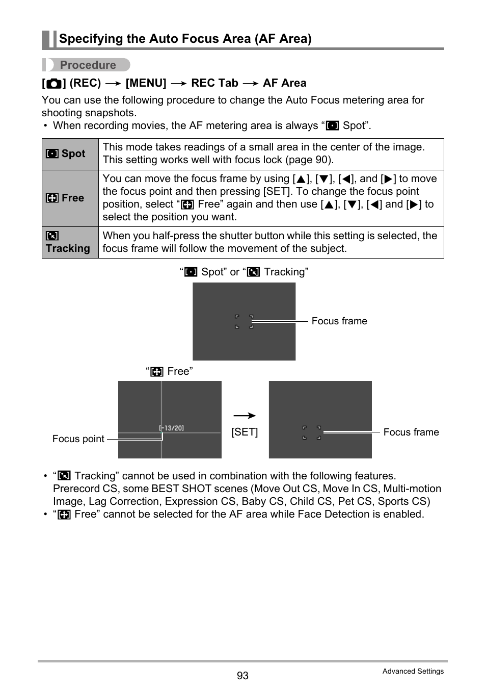 Specifying the auto focus area (af area) | Casio EXILIM EX-FC150 User Manual | Page 93 / 193