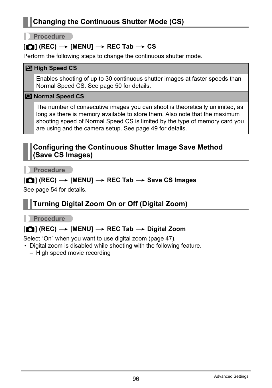 Changing the continuous shutter mode (cs), Turning digital zoom on or off (digital zoom) | Casio EXILIM EX-FC150 User Manual | Page 96 / 193