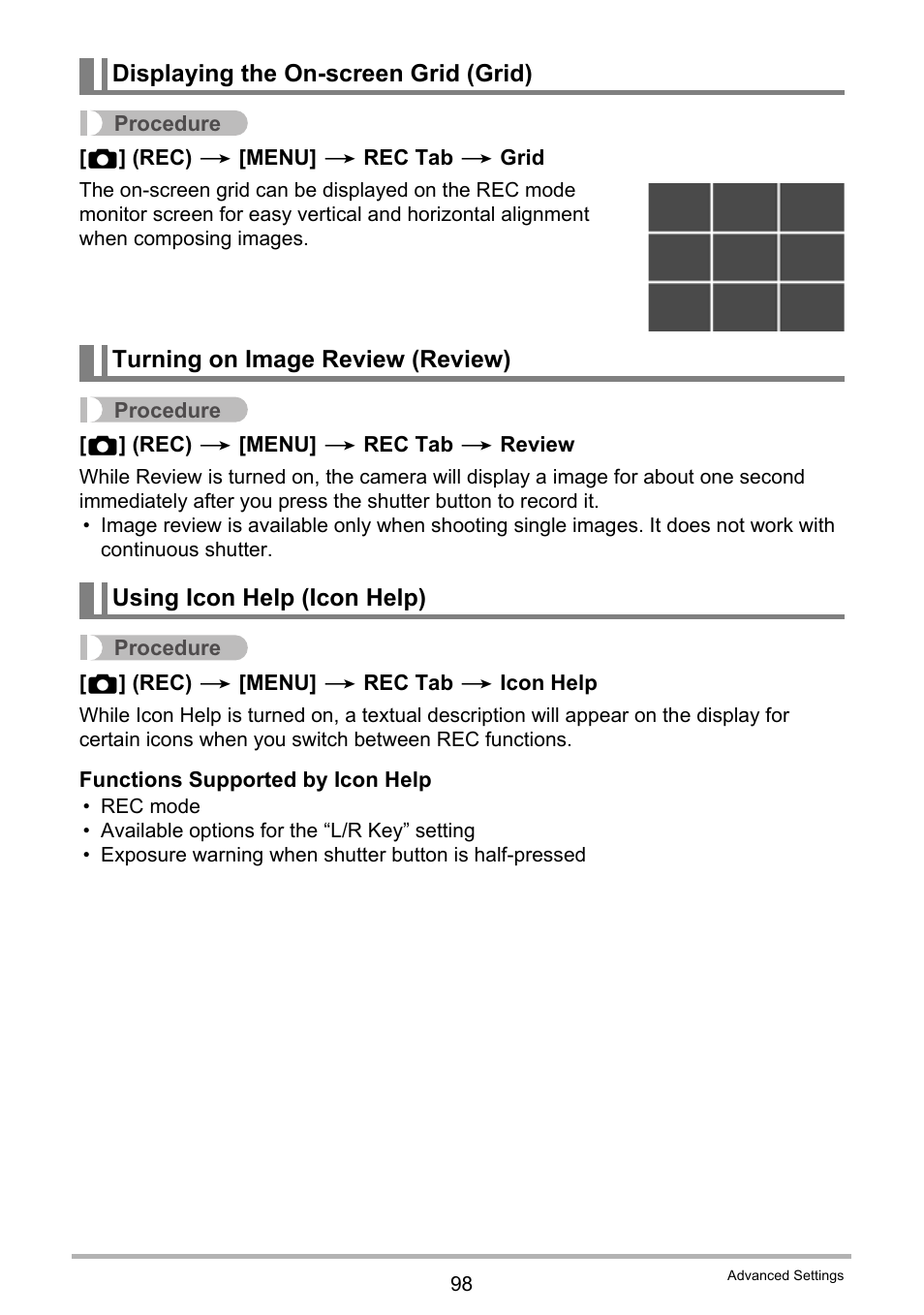 Displaying the on-screen grid (grid), Turning on image review (review), Using icon help (icon help) | Casio EXILIM EX-FC150 User Manual | Page 98 / 193