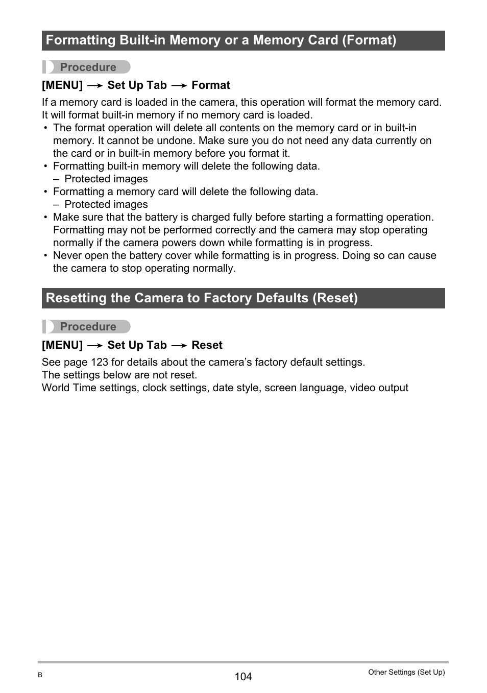 Resetting the camera to factory defaults (reset) | Casio EXILIM K1123PCM2DMX User Manual | Page 104 / 137