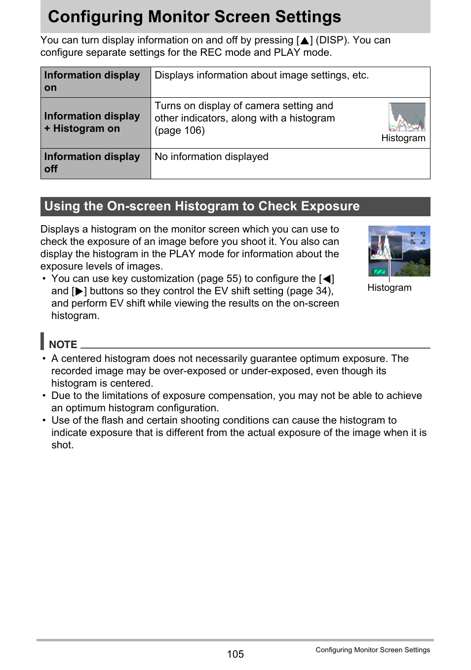 Configuring monitor screen settings, Using the on-screen histogram to check exposure | Casio EXILIM K1123PCM2DMX User Manual | Page 105 / 137