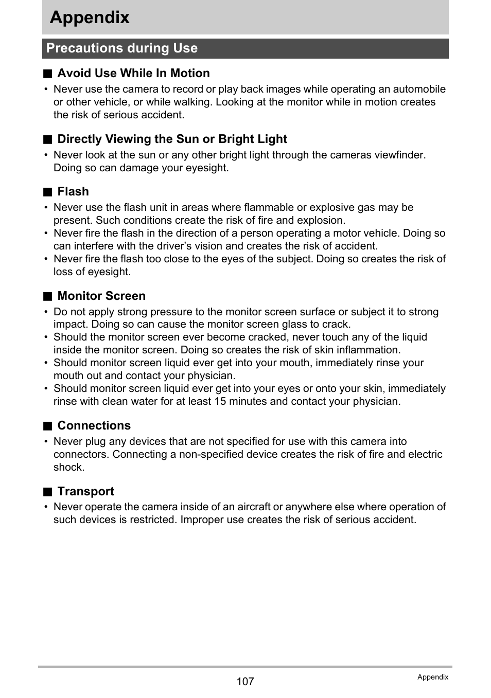 Appendix, Precautions during use | Casio EXILIM K1123PCM2DMX User Manual | Page 107 / 137