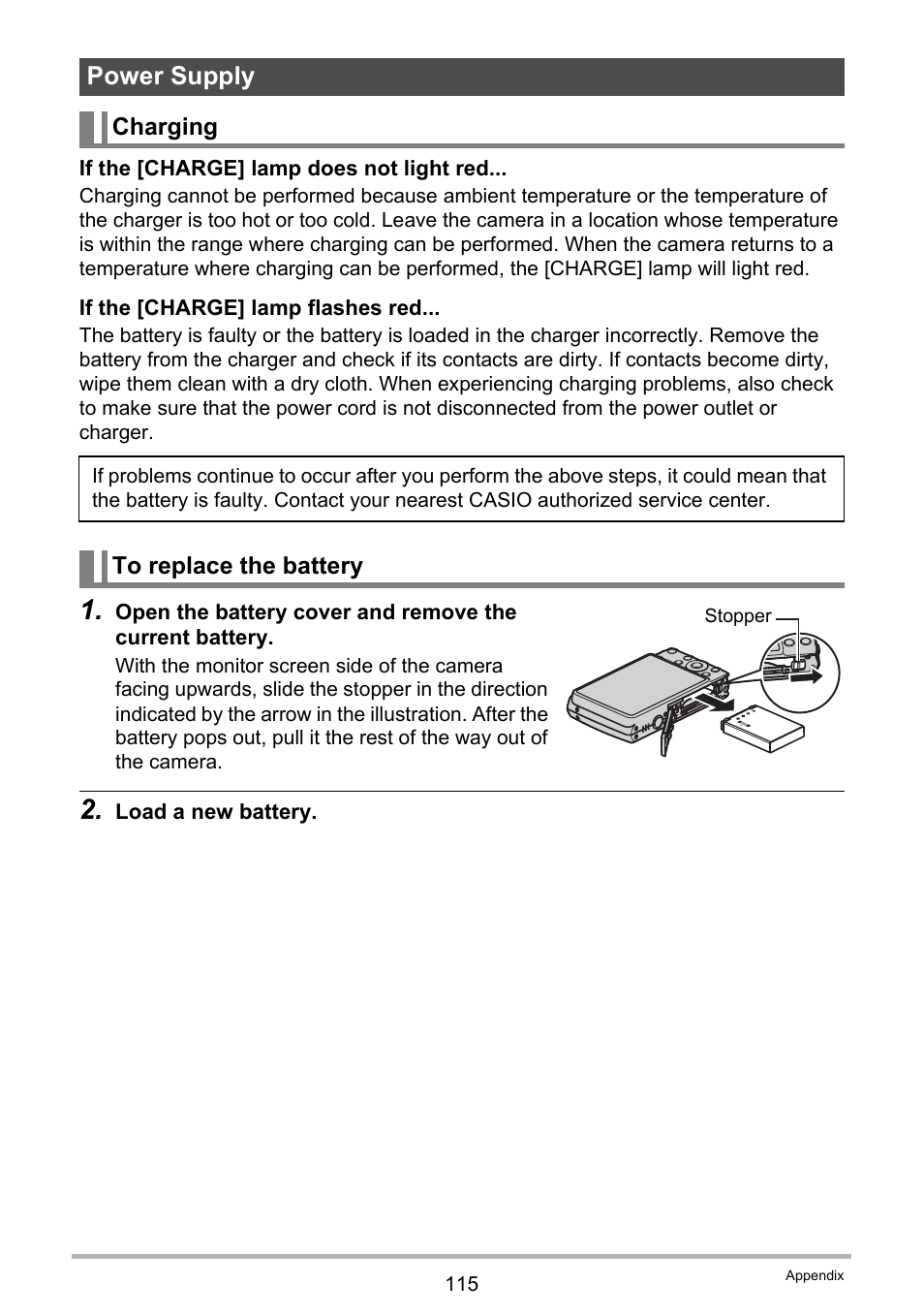 Power supply, Charging, To replace the battery | Casio EXILIM K1123PCM2DMX User Manual | Page 115 / 137