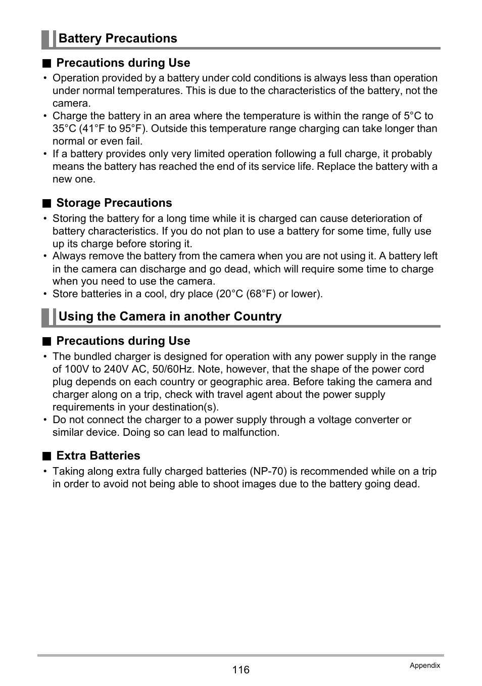 Battery precautions, Using the camera in another country | Casio EXILIM K1123PCM2DMX User Manual | Page 116 / 137