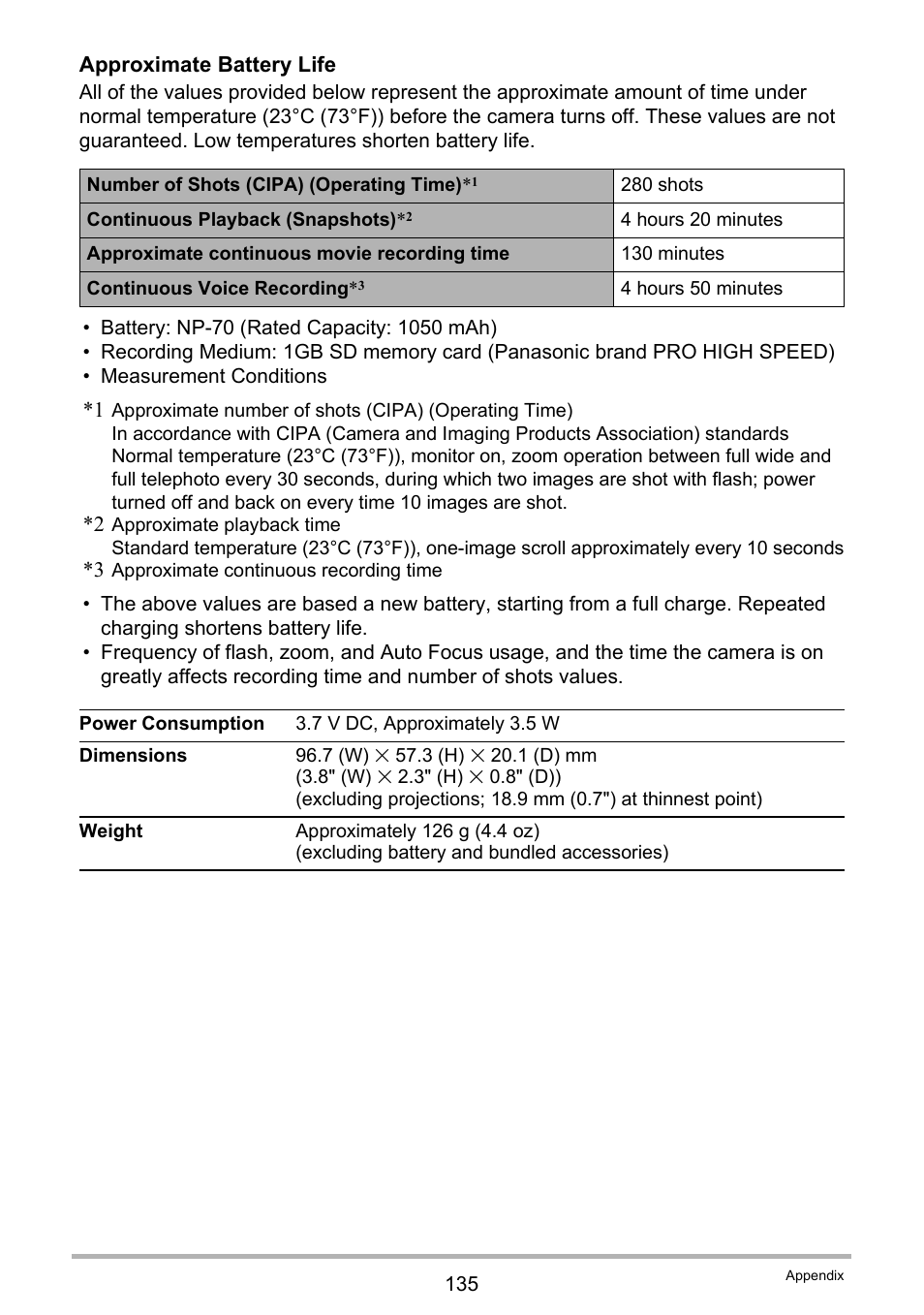 Approximate battery life | Casio EXILIM K1123PCM2DMX User Manual | Page 135 / 137