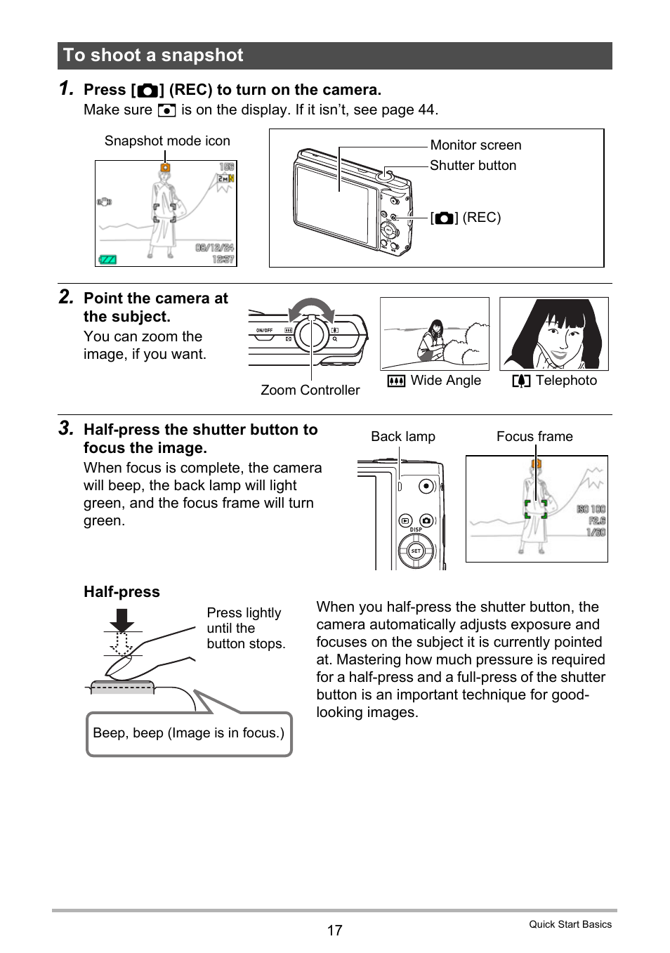 To shoot a snapshot | Casio EXILIM K1123PCM2DMX User Manual | Page 17 / 137
