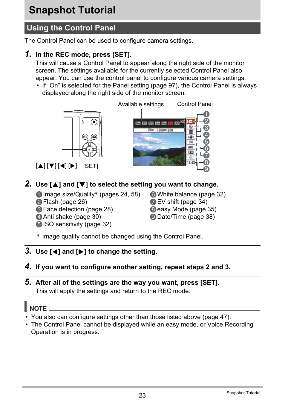 Snapshot tutorial, Using the control panel | Casio EXILIM K1123PCM2DMX User Manual | Page 23 / 137