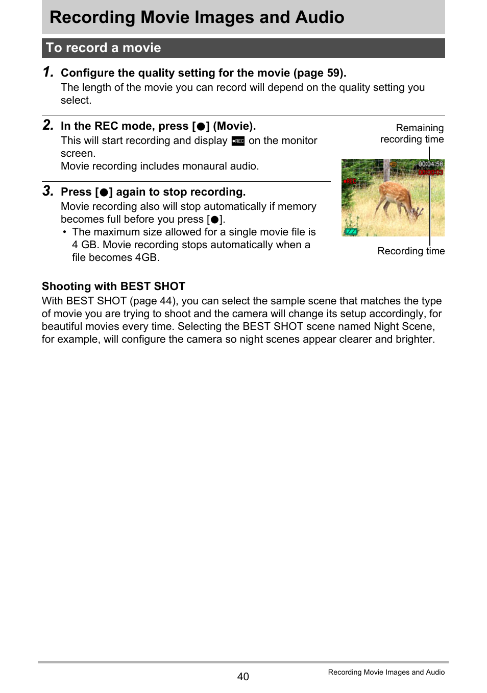 Recording movie images and audio, To record a movie | Casio EXILIM K1123PCM2DMX User Manual | Page 40 / 137