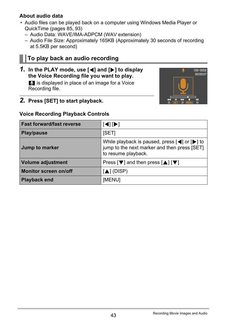 To play back an audio recording | Casio EXILIM K1123PCM2DMX User Manual | Page 43 / 137