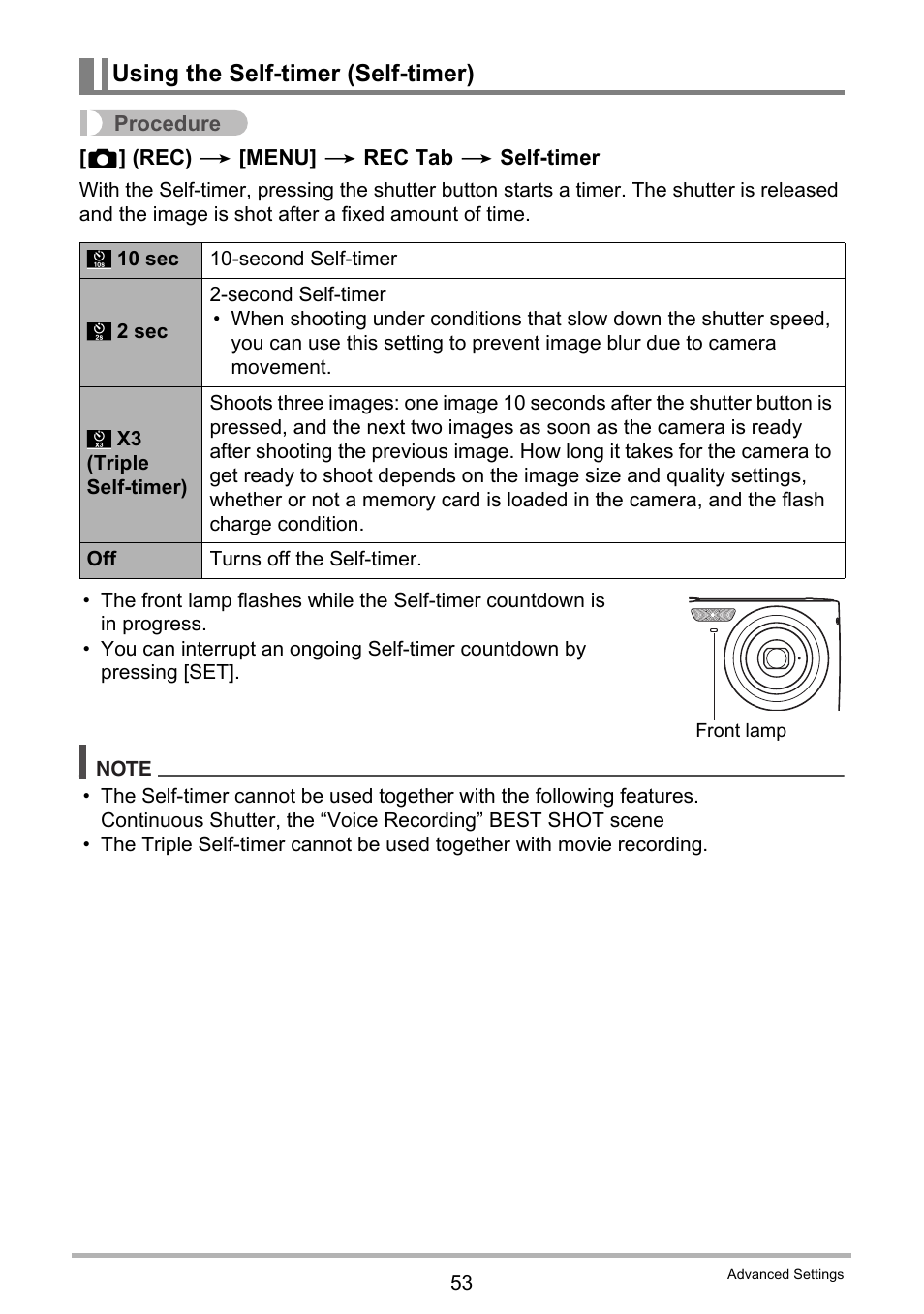 Using the self-timer (self-timer) | Casio EXILIM K1123PCM2DMX User Manual | Page 53 / 137